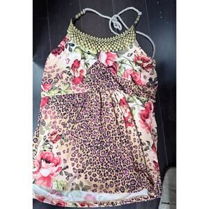 New Directions XL Boho Beaded Floral Leopard Halter Top